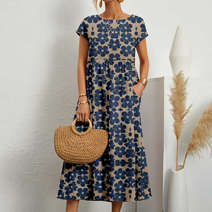 Midirok van katoen en linnen, A-lijn, ronde hals, in levendige kleuren voor casual zomermode, korte mouwen, ademend