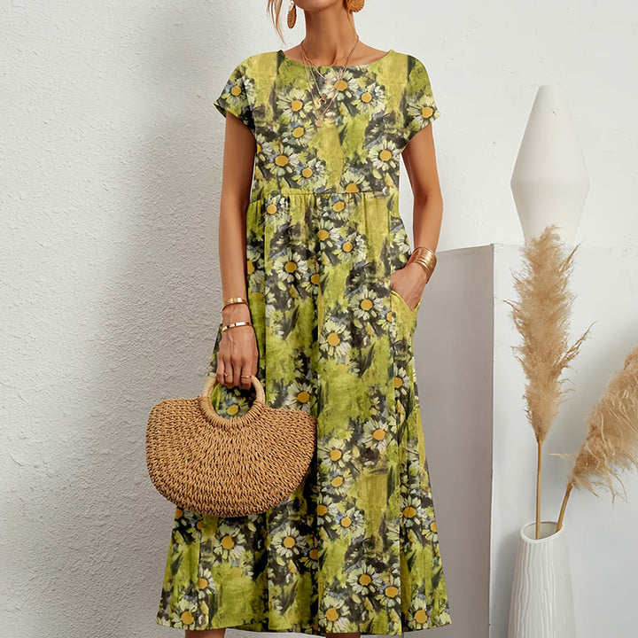 Midirok van katoen en linnen, A-lijn, ronde hals, in levendige kleuren voor casual zomermode, korte mouwen, ademend
