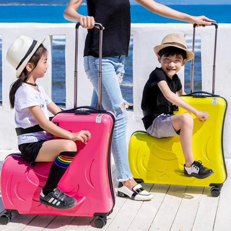 Milan kinderreiskoffer met zitfunctie, blauw/geel, perfect voor kinderreizen en vakantieplezier.