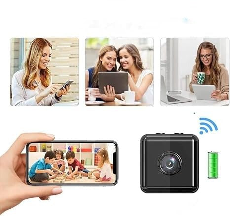 Kleine draadloze WiFi bewakingscamera 1080P met nachtzicht, geschikt voor buiten en binnen gebruik.