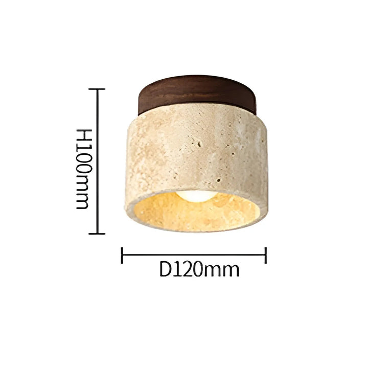 Minimalistische travertin plafondlamp van natuursteen en hout, ideaal voor warme, harmonieuze kamerverlichting.