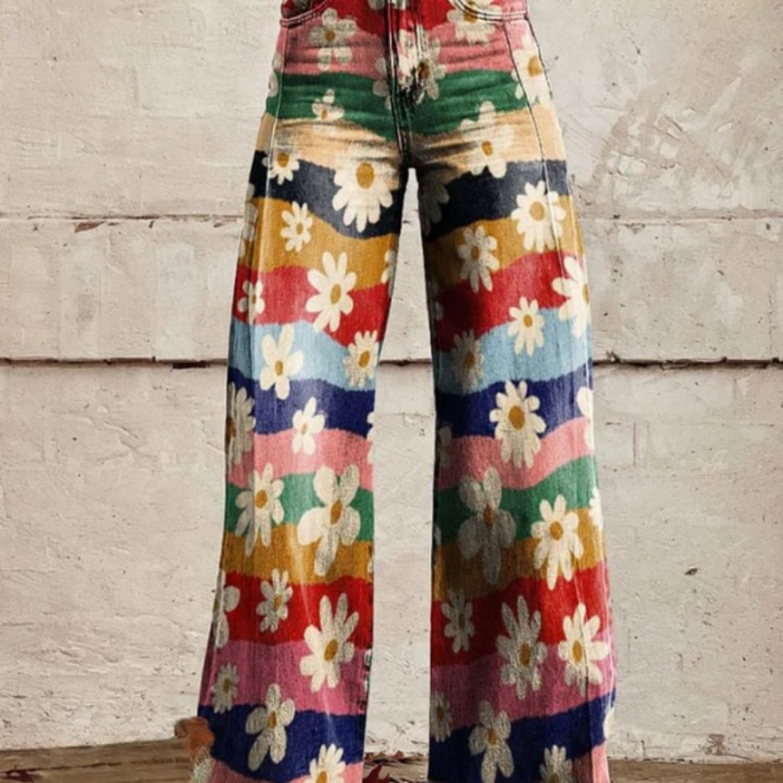 Mirella dames retro bloemenbroek met flared pijpen en hoge taille, modieus en trendy voor vrouwen.