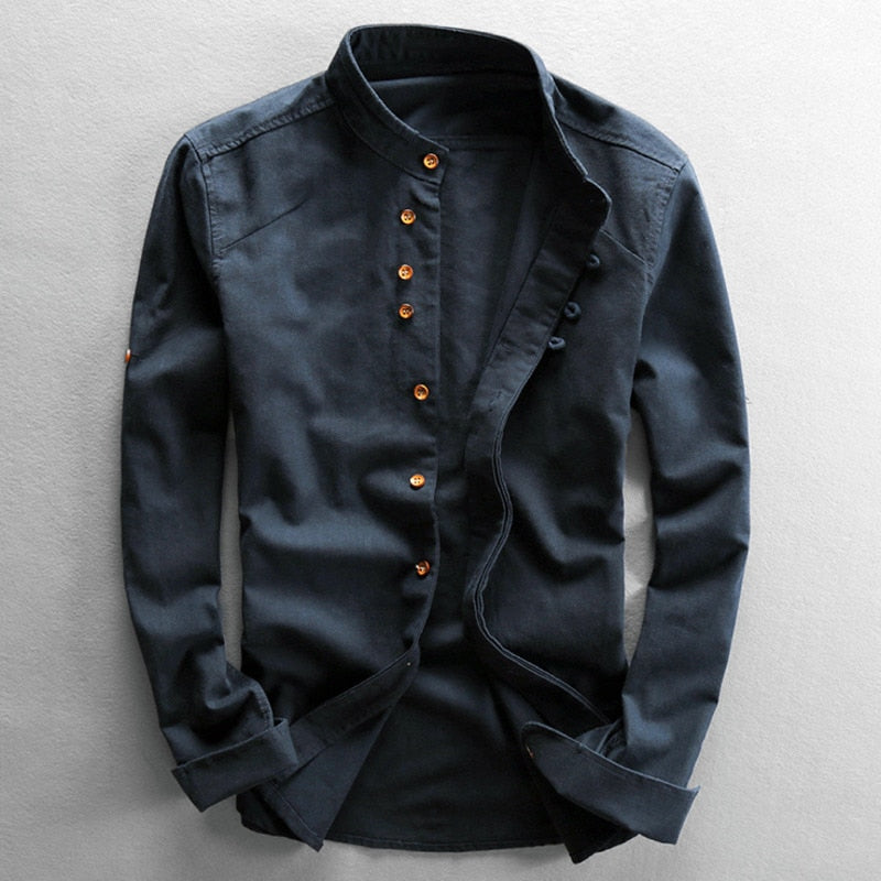 Veelzijdig heren shirt met lange mouw en bandkraag, geschikt voor zowel formele als informele settings.