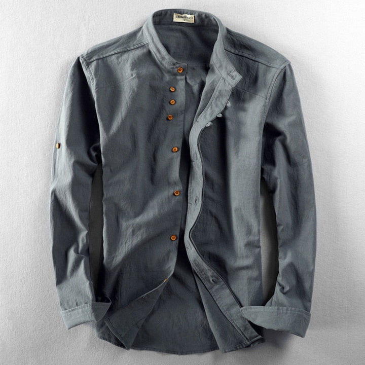 Heren overhemd, lange mouw, bandkraag. Stijlvol en comfortabel, perfect voor de moderne man.
