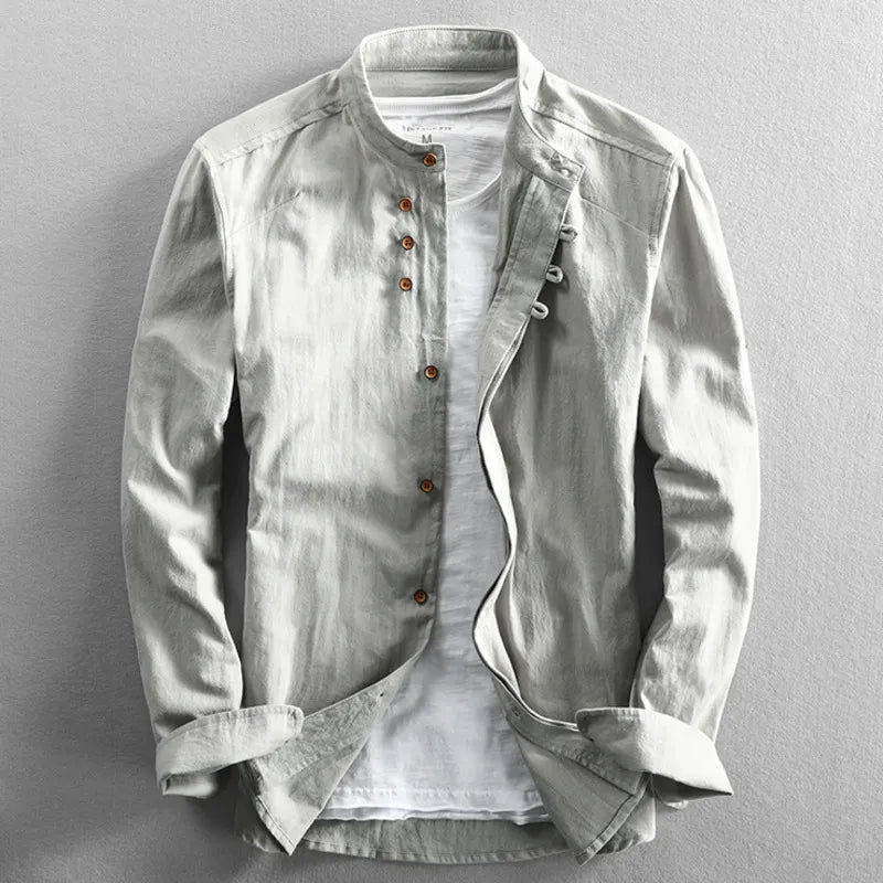 Trendy heren bandkraag shirt met lange mouwen, ontworpen voor comfort en een stijlvolle uitstraling.