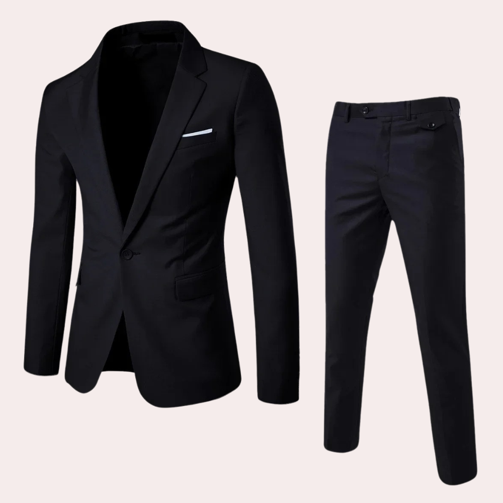 Detail van de hoogwaardige stof van het Maxim herenpak, perfect voor comfort en een luxe uitstraling.
