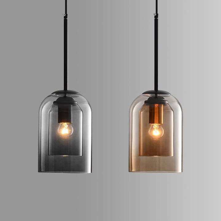 Moderne Dubbelglas Hanglamp met rookgrijze en roestkleurige glastinten, elegant design, ideaal voor stijlvolle ruimtes.