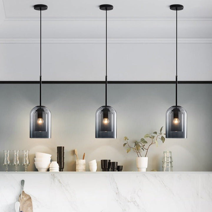 Moderne Dubbelglas Hanglamp met rookgrijze en roestkleurige glastinten, elegant design, ideaal voor stijlvolle ruimtes.