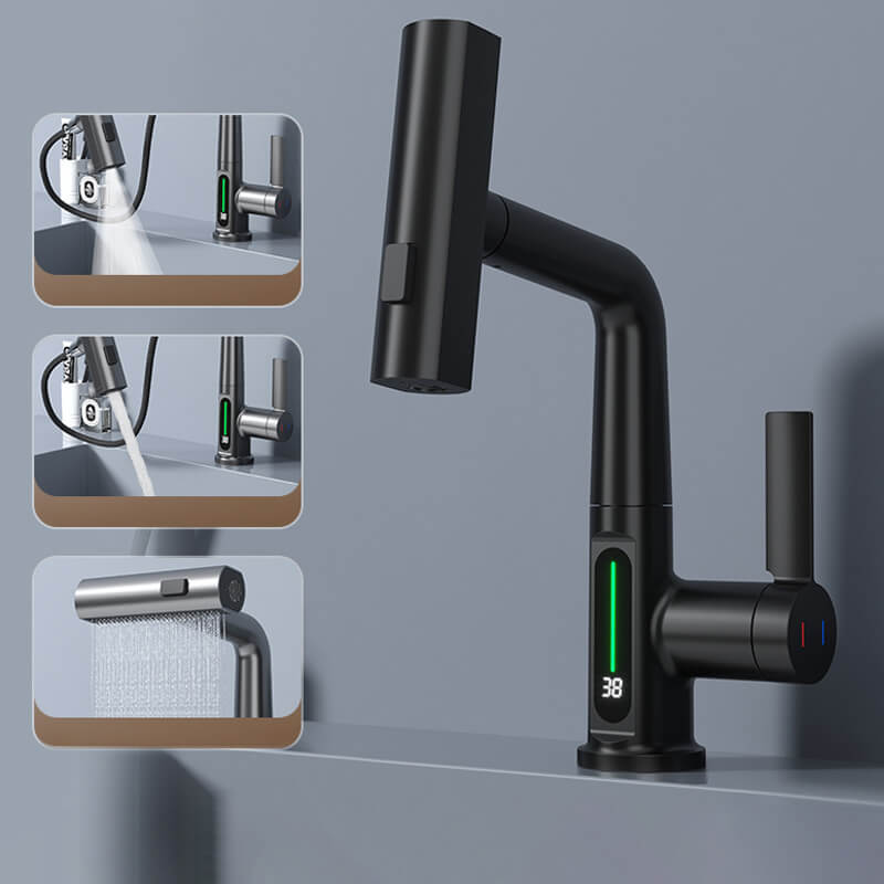 Moderne keukenkraan met uittrekbare sproeier, 5 spuitmodi en temperatuurdisplay voor optimaal gebruiksgemak.