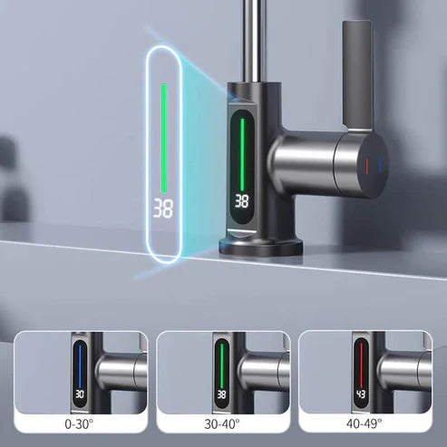 Ergonomische moderne keukenkraan, uittrekbaar, met 5 waterbesparende spuitmodi en een duidelijk temperatuurdisplay.