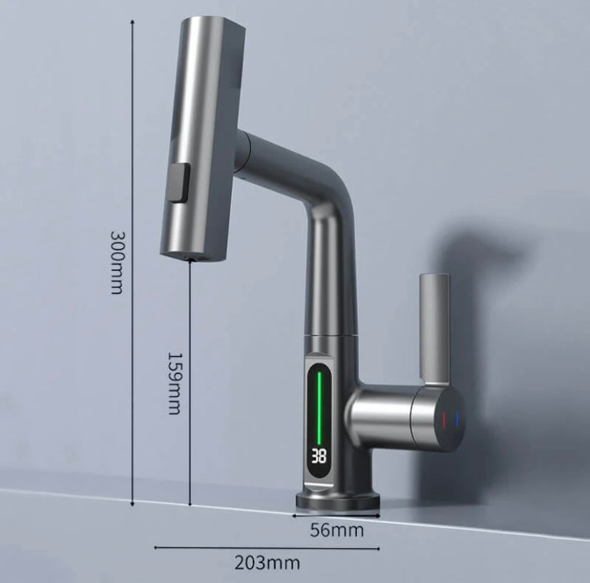 Chique keukenkraan met uittrekbare sproeier, 5 waterstanden en temperatuurweergave, ideaal voor modern sanitair.
