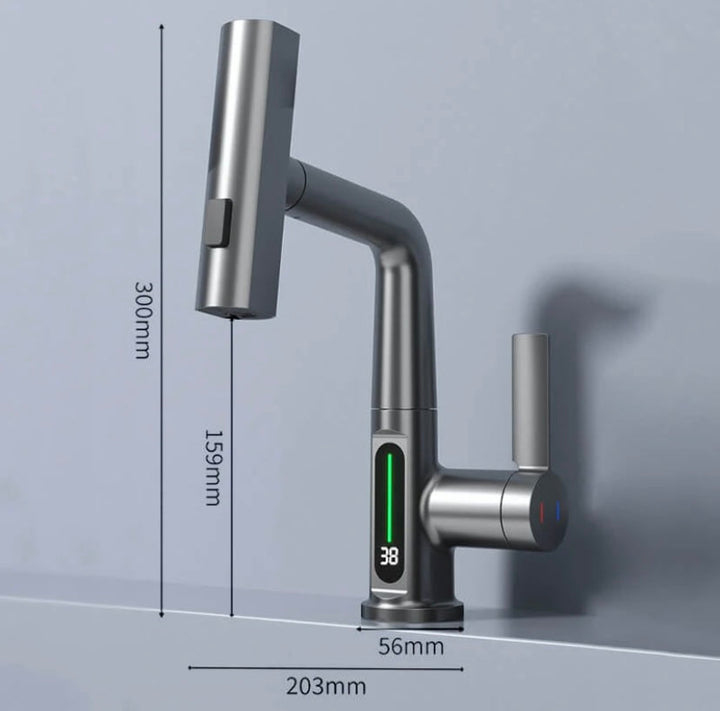 Chique keukenkraan met uittrekbare sproeier, 5 waterstanden en temperatuurweergave, ideaal voor modern sanitair.