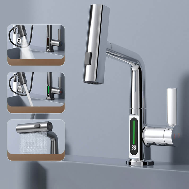 Sleek design keukenkraan, uittrekbaar, met 5 waterstanden en digitaal temperatuurdisplay. Ideaal voor moderne keukens.