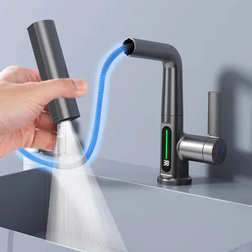 Stijlvolle uittrekbare keukenkraan met 5 handige spuitpatronen en digitale temperatuurweergave voor uw keuken.