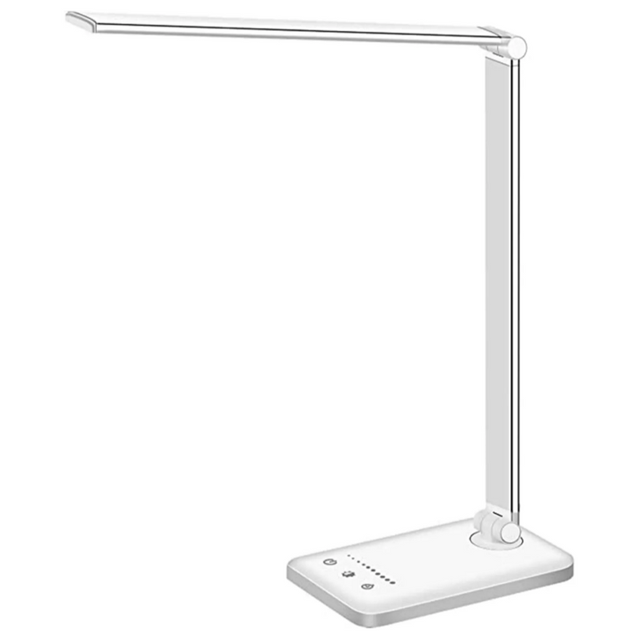 BrightEase LED bureaulamp, instelbaar, oogvriendelijk licht, met handige USB oplaadpoort voor telefoons.