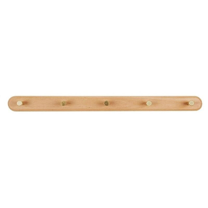 Natuurlijke houten wandkapstok met robuuste messing haken. Voegt organisatie en een modern tintje toe aan elke kamer.