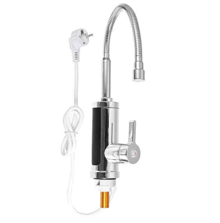 Moderne 3000W elektrische warmwaterkraan met flexibele zwenkarm, snel en efficiënt voor keukengebruik.