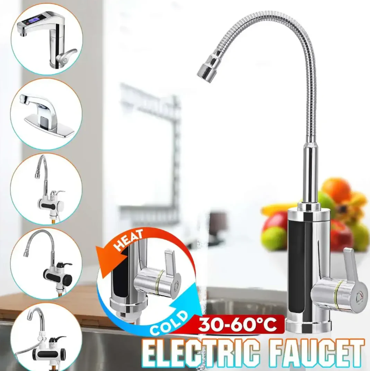 Moderne 3000W elektrische warmwaterkraan met flexibele zwenkarm, snel en efficiënt voor keukengebruik.