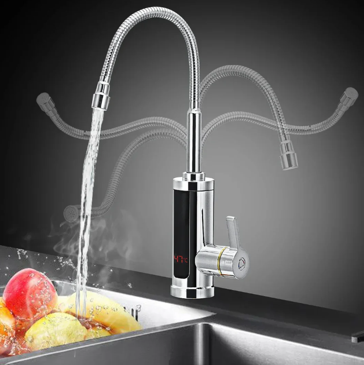 Moderne 3000W elektrische warmwaterkraan met flexibele zwenkarm, snel en efficiënt voor keukengebruik.