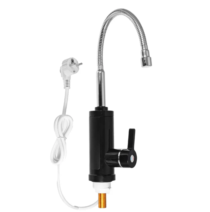 Moderne 3000W elektrische warmwaterkraan met flexibele zwenkarm, snel en efficiënt voor keukengebruik.