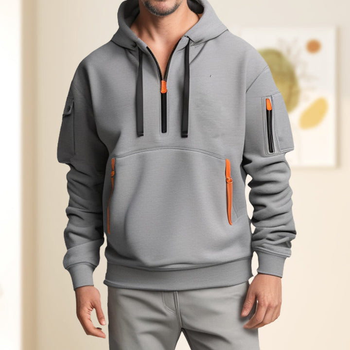 Minimalistische grijze hoodie, Adriano, met halve ritssluiting geschikt voor elke gelegenheid.