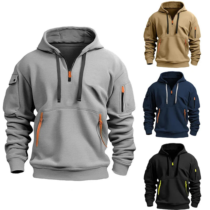 Stijlvolle presentatie van de grijze Adriano Hoodie, geschikt voor diverse seizoenen.