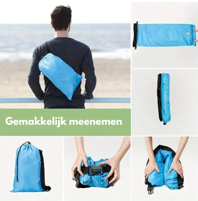 Opblaasbare loungestoel, gemakkelijk te dragen, ideaal voor strand en outdoor avonturen.