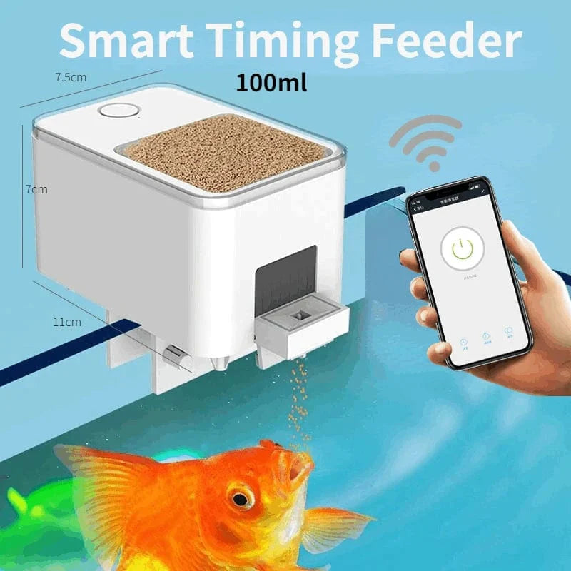 Moderne WLAN-visvoerdispenser van robuust kunststof, bestuurbaar via app, met variabel vulvolume voor aquariums.