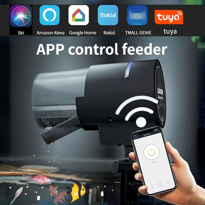 Moderne WLAN-visvoerdispenser van robuust kunststof, bestuurbaar via app, met variabel vulvolume voor aquariums.