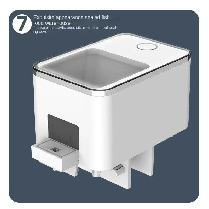 Moderne WLAN-visvoerdispenser van robuust kunststof, bestuurbaar via app, met variabel vulvolume voor aquariums.