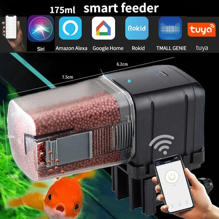 Moderne WLAN-visvoerdispenser van robuust kunststof, bestuurbaar via app, met variabel vulvolume voor aquariums.