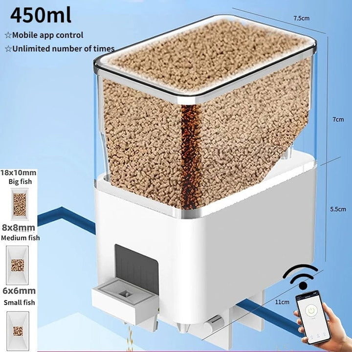 Moderne WLAN-visvoerdispenser van robuust kunststof, bestuurbaar via app, met variabel vulvolume voor aquariums.