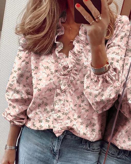 Casual chic damesblouse: ruche V-hals met lange mouwen, modieuze top voor elke gelegenheid.
