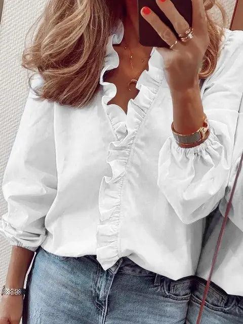 Trendy dames ruche V-hals blouse met lange mouwen, perfecte modieuze top voor een casual chic stijl.