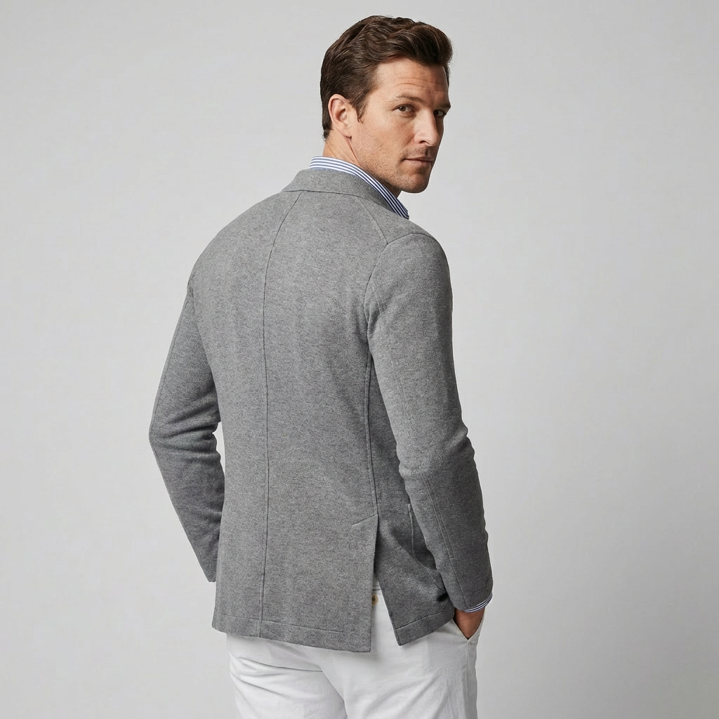 Hoogwaardige stof van een herenblazer met klepzakken, voor een comfortabele en stijlvolle bovenkleding.