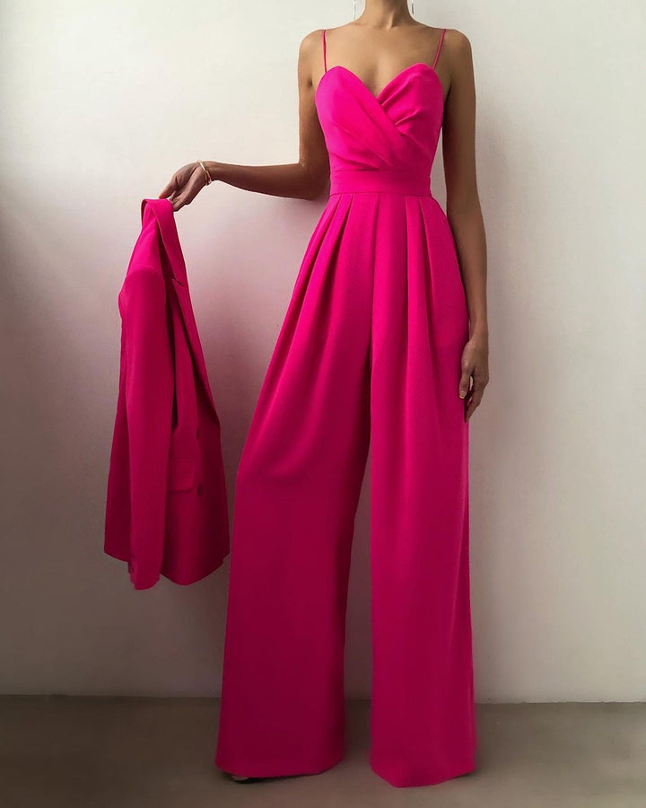 Modieuze dames jumpsuit met bandjes, wijd uitlopende pijpen, in Abrikoos, Geel, Roze, Rozerood, Zwart, Turkoois.