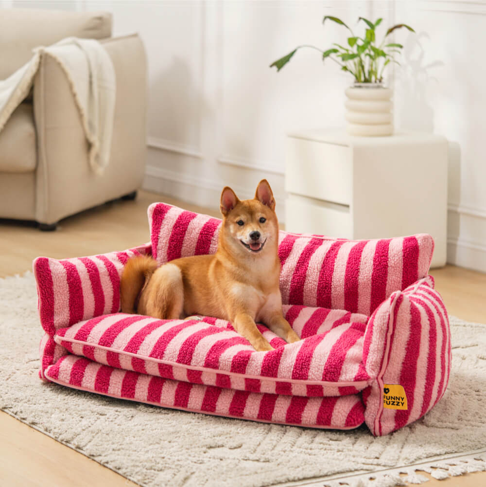 Stijlvolle huisdier slaapbank met gestreept design en lamswol, ideaal voor honden en katten, dubbellaags en comfortabel