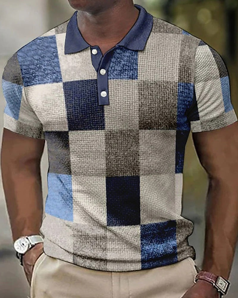 Ademend heren poloshirt met modern 3D rasterpatroon, perfect voor casual stijl en zomerse dagen.
