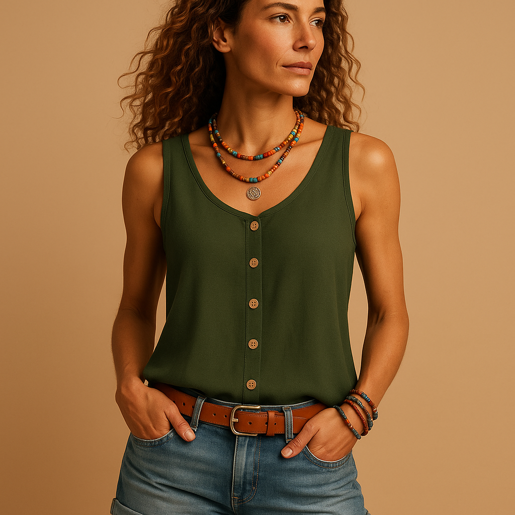 Mouwloze dames top met V-hals en zomers knoopdetail, ideaal voor casual zomerkleding.