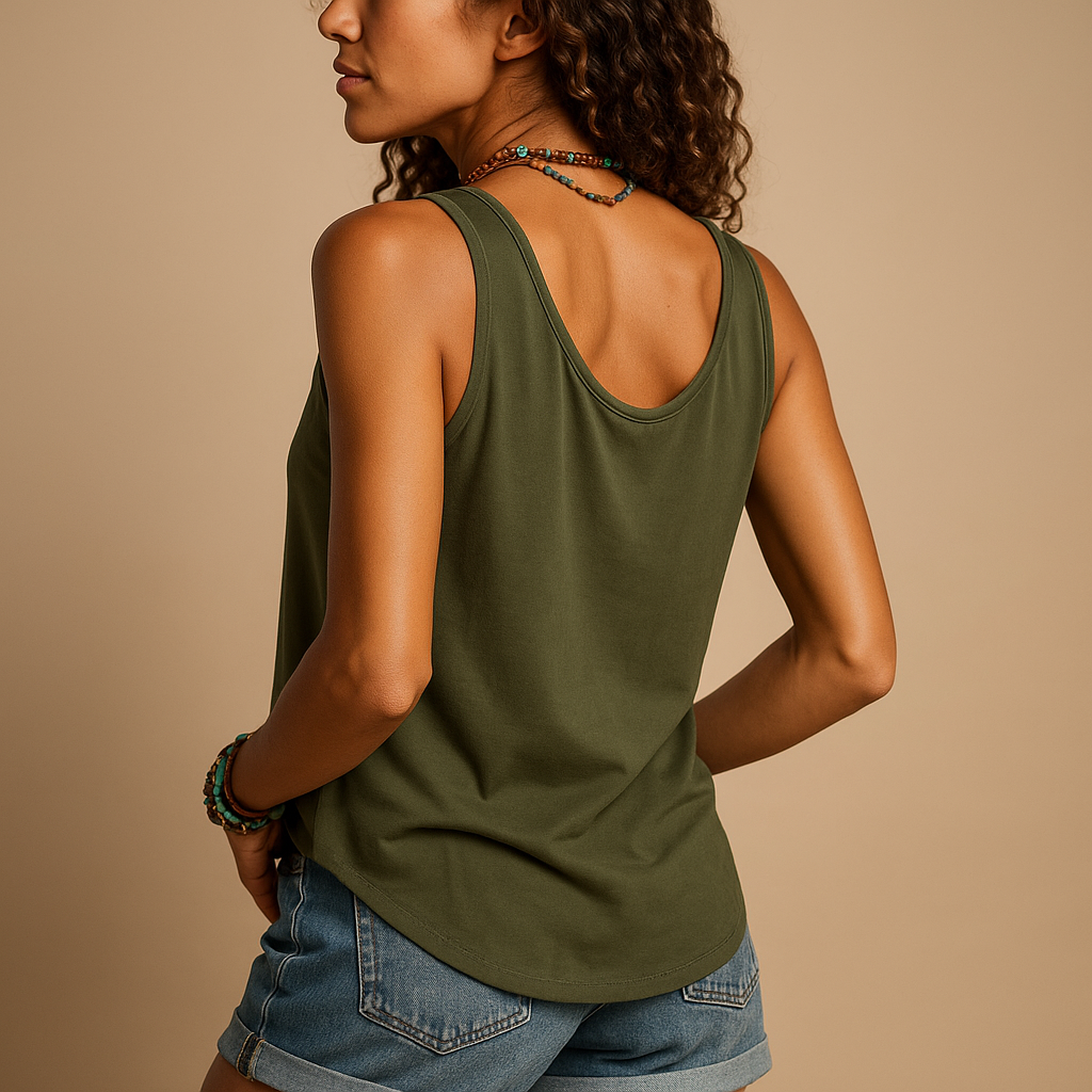 Modieuze mouwloze top voor dames met V-hals en relaxte pasvorm, perfect als strand- of vakantie top.