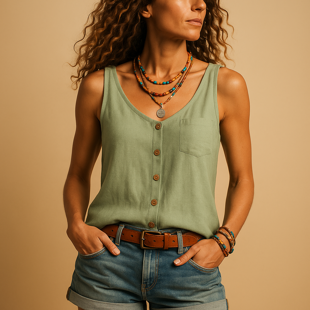Modieuze casual dames top, mouwloos met V-hals en knoopdetail, ideaal voor zomer en vakantie.