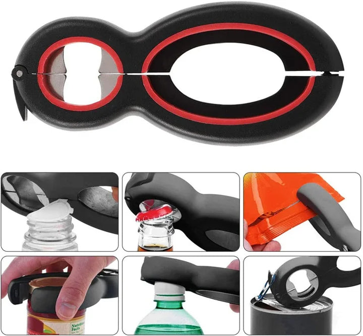 Vergemakkelijk het openen van potten en flessen met deze handige, multifunctionele 6-in-1 keukenopener. Jouw keukenhulp!