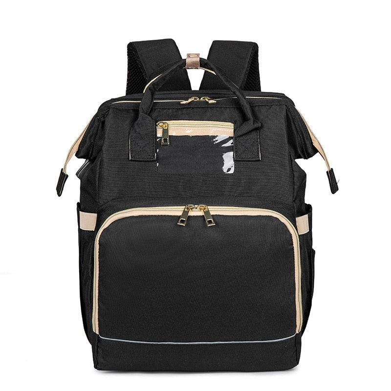Detail van het opvouwbare wiegje in de baby luiertas rugzak, perfect voor slaapjes onderweg. Comfortabel en veilig.