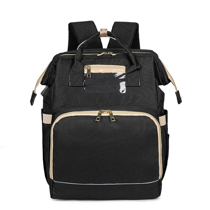 Detail van het opvouwbare wiegje in de baby luiertas rugzak, perfect voor slaapjes onderweg. Comfortabel en veilig.