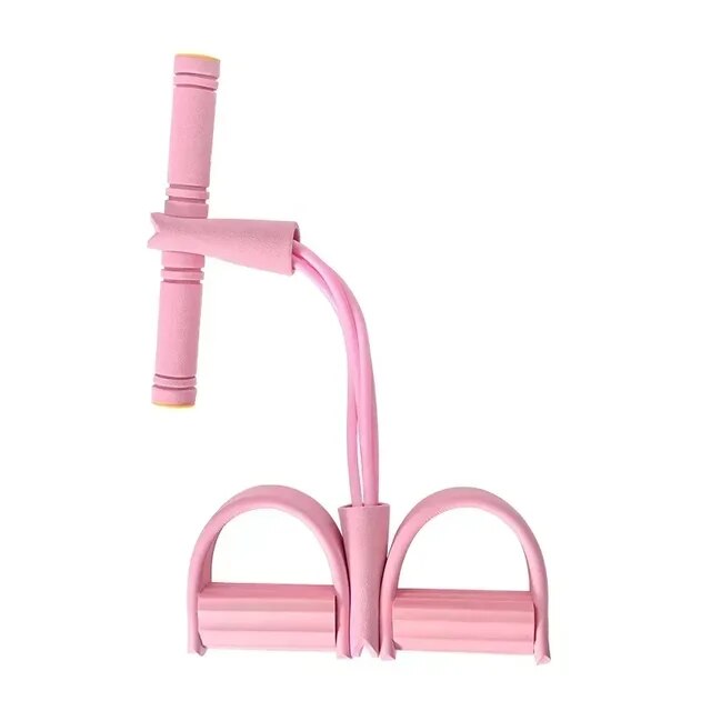 Set van paarse, blauwe en roze fitness elastieken voor diverse weerstandsniveaus, thuis sporten.