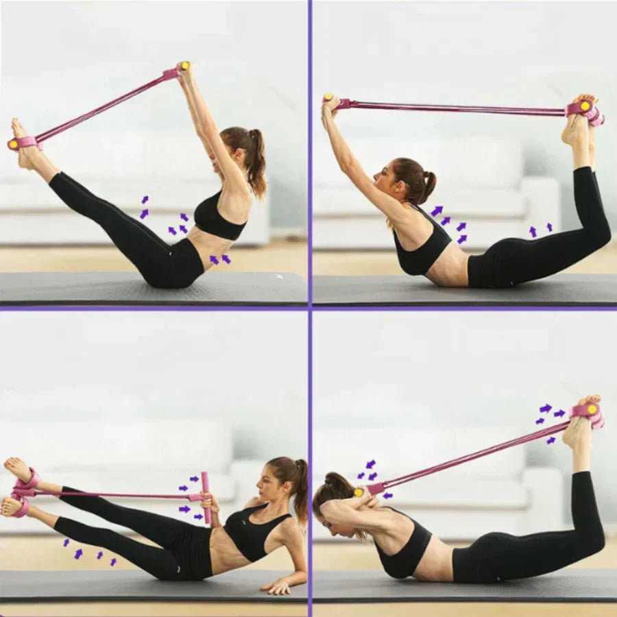 Collectie weerstandsbanden in paars, blauw, roze voor progressieve fitness en full body training.