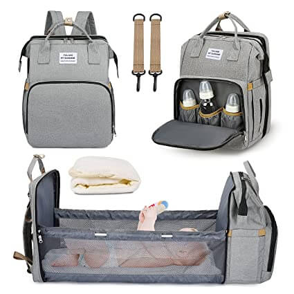 Compacte reisrugzak met uitklapbaar babybed voor baby's, ideaal voor kinderwagen of auto.