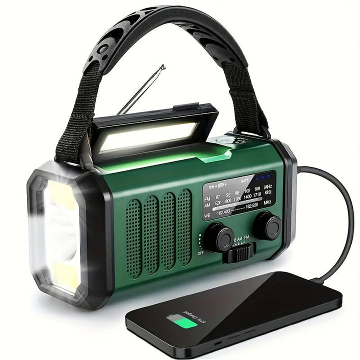 Multifunctionele noodradio met zaklamp, USB oplader & weerwaarschuwing voor outdoor survival.