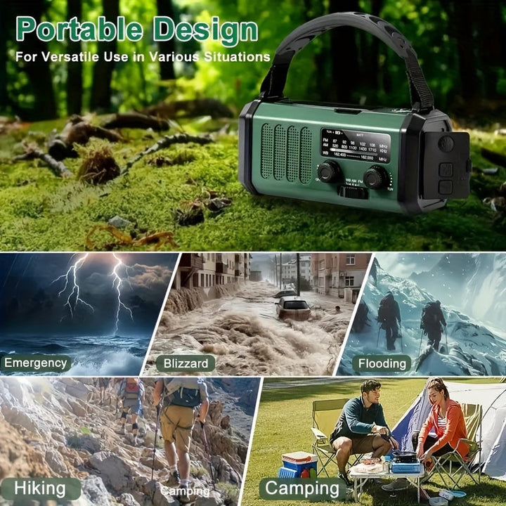 Compacte noodradio met ingebouwde zaklamp, USB oplader en SOS alarmfunctie voor overleving.