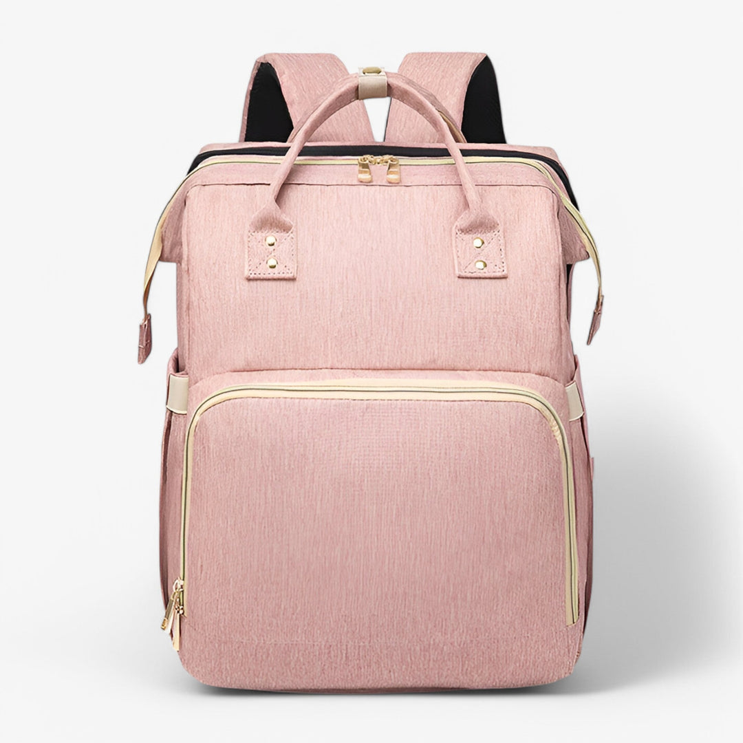 Veelzijdige Noëlle luiertas en draagbaar babybedje; perfect voor elke gelegenheid buiten de deur, stijlvol en praktisch.